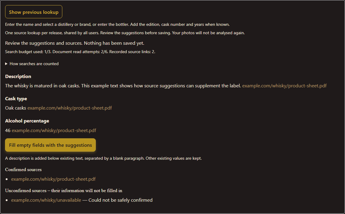Source suggestions, review and fill controls in the whisky form.
